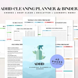 May include: ADHD Cleaning Planner & Binder with 40 pages, US Letter size. Includes checklists, cleaning tips, and daily, weekly, and monthly cleaning routines. The cover features a spray bottle graphic and the text "ADHD Cleaning Planner & Binder".