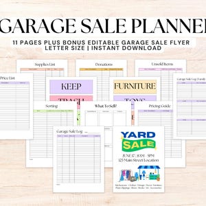 May include: A garage sale planner with 11 pages, including a bonus editable flyer. The planner includes sections for price lists, supplies, donations, and unsold items. A colorful yard sale flyer is also included, with the date, time, and location.