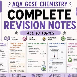 May include: A colorful revision guide for AQA GCSE Chemistry, covering all 10 topics. The guide includes diagrams, tables, and clear explanations. It is exam-focused and designed to boost grades. The text includes the phrase "Complete Revision Notes".
