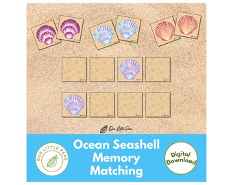 May include: A printable ocean seashell memory matching game. The game features 12 cards with images of seashells in pink, purple, blue, and orange. The cards are arranged in a grid on a sandy background. The text "Our Little Peas" and "Ocean Seashell Memory Matching" is printed on the game.