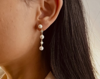 ZIA Earrings| Pearl Drop Earrings| Bridal Pearl Earrings| Diamond Pearl Earrings| 18K Gold Dangle Earrings| Sterling Silver Earrings| Pearls