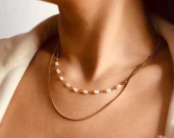 Layered Pearl Necklace: 18K Gold Stainless Steel Double Strand
