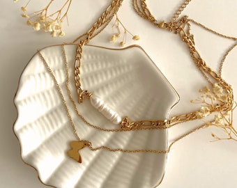 Pearl Layered Necklace Set: 18K Gold Stainless Steel Multi-Chain