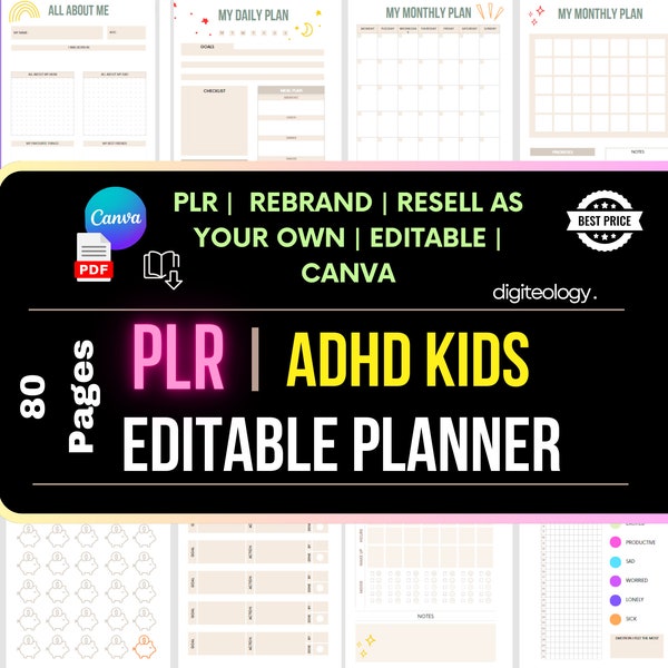 PLR-ADHD Kids Planner Done for You RESELL Canva Editable Undated Planner Template, Passive Income, Canva Digital Planner, Planner to Sell