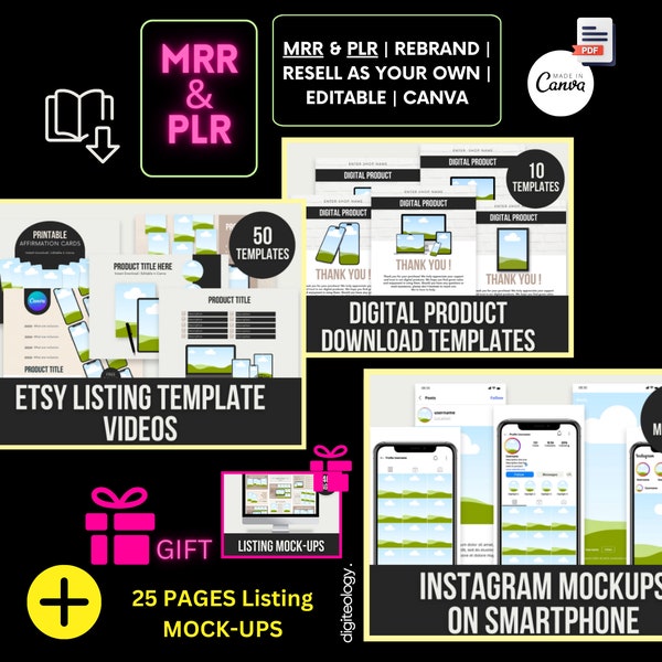 PLR-MRR Etsy Listings Video Mockups, Instagram Mockups on Smartphone, Thank you Mockups, Done for You Canva Digital Products Passive Income