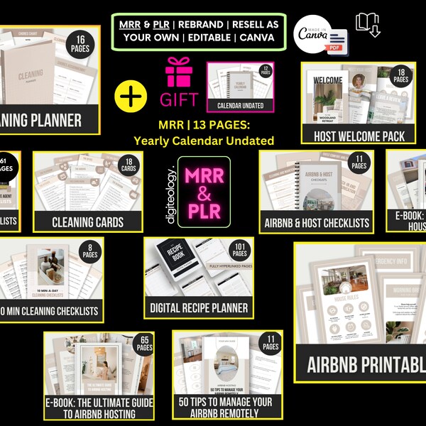 PLR-MRR Airbnb & Host Templates Done for You Resell Rights Bundle Digital Products, Minimalist Elegant Editable Canva Real Estate Template,