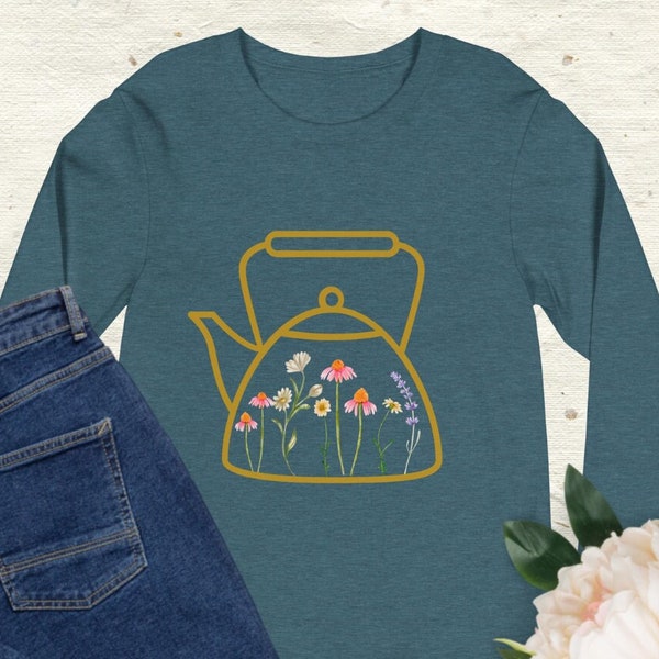 Tea Shirt, Long Sleeve Unisex Tee, Flower Tea Kettle, Tea Lover Gift, Teapot Shirt