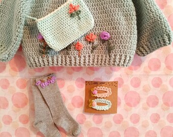 Pull pour fille fait main, pince à cheveux, sac, ensemble de chaussettes brodées, ensemble personnalisé pour bébé, pull bébé fille, cadeau d'anniversaire pour bébé fille, personnalisé