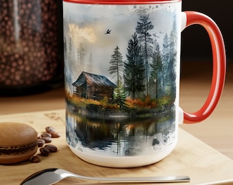 Cabin on a lake  By UnfilteredMugz Two-Tone Coffee Mugs, 15oz