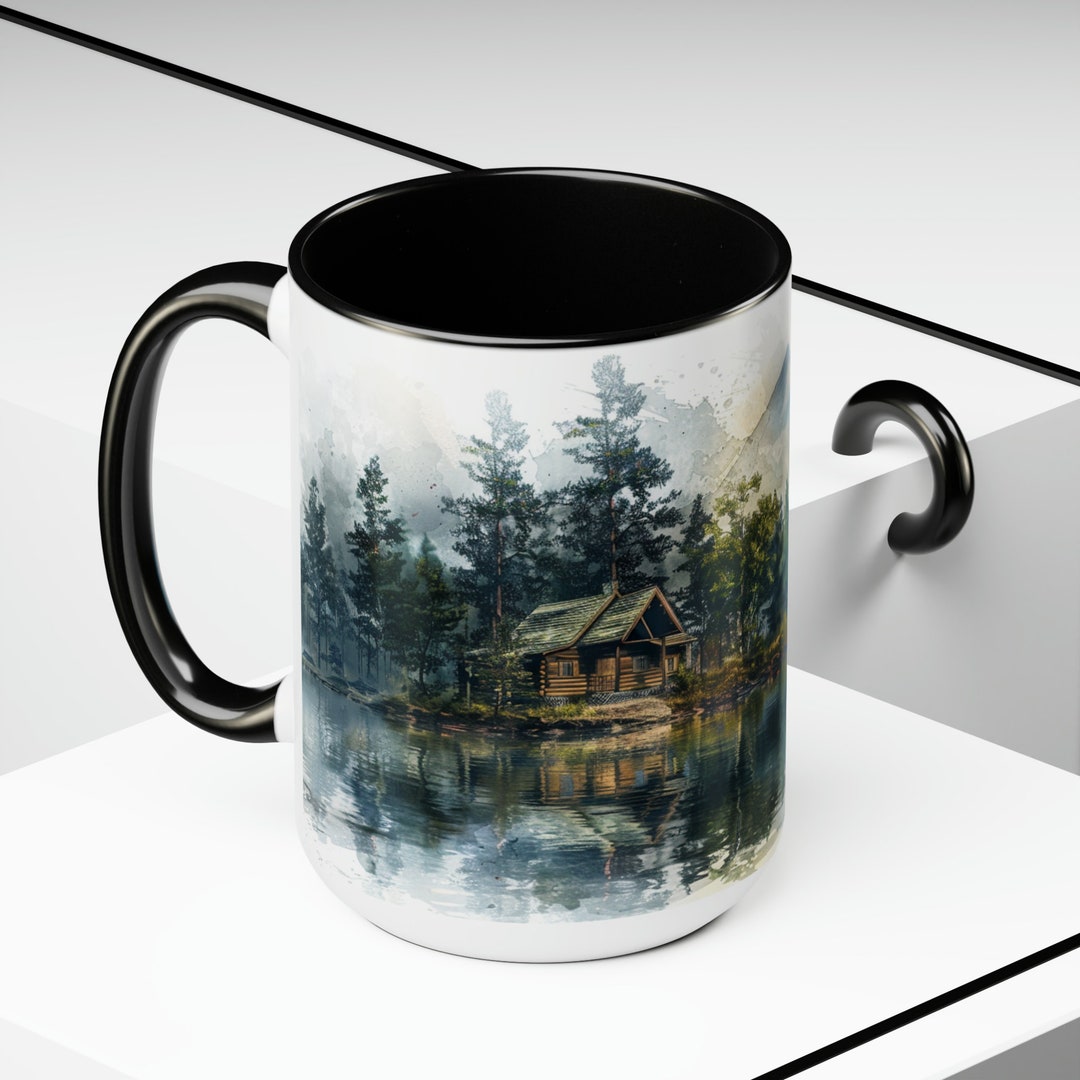 Cabin in the Woods on a Lake by Unfilteredmugz Two-tone Coffee Mugs ...