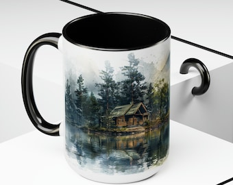 Cabin in the woods on a lake By UnfilteredMugz Two-Tone Coffee Mugs, 15oz
