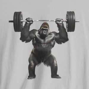 May include: A black gorilla lifting a barbell with black weight plates. The gorilla is muscular and has a serious expression on its face.