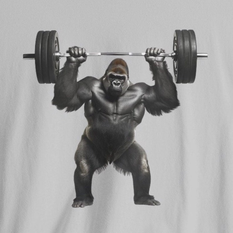 May include: A black gorilla lifting a barbell with black weight plates. The gorilla is muscular and has a serious expression on its face.