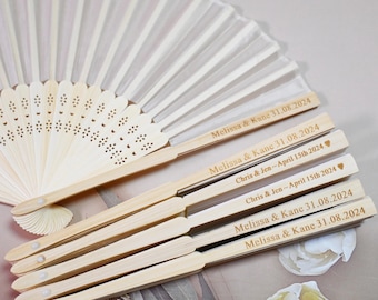 White Engraved Personalised Silk Wedding Fans, Bulk Personalised Wedding Bridal Party Favors Special Event Fans ummer Wedding, Rustic Favors