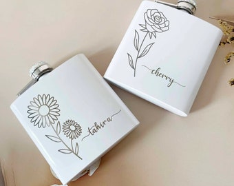 Personalised Flask for Women, Birth Month Flower with Name Flask Gift, 6oz White Flask with Shining Rhinestone Cap, Custom Birthday Gift