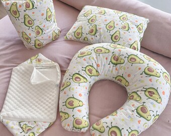 Set of Nursing Pillow and Baby Cloth Storage Box | Avocado Pattern, 4 Pieces