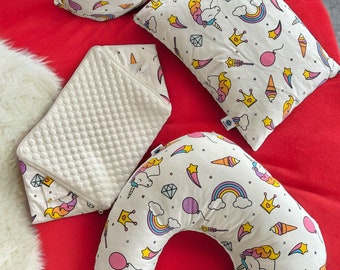 Set of Nursing Pillow and Baby Cloth Storage Box | Unicorn Pattern, 4 Pieces