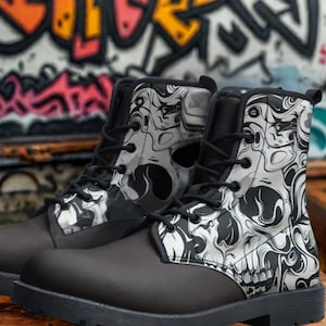 Gothic Skull Combat Boots, Graffiti Trendy Leather Boots, Edgy Skull Pattern Boots