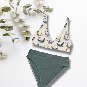 Colorful Lunar Moth Recycled High-Waisted Bikini, Womens Boho Chic Swimsuit