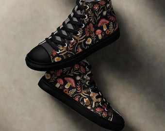 Cottagecore Women’s Mushroom High Top Canvas Shoes, Faux Embroidery Mushroom Chucks