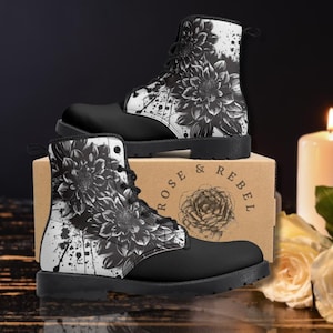 Witchy Floral Leather Combat Boots: Gothic Black Roses