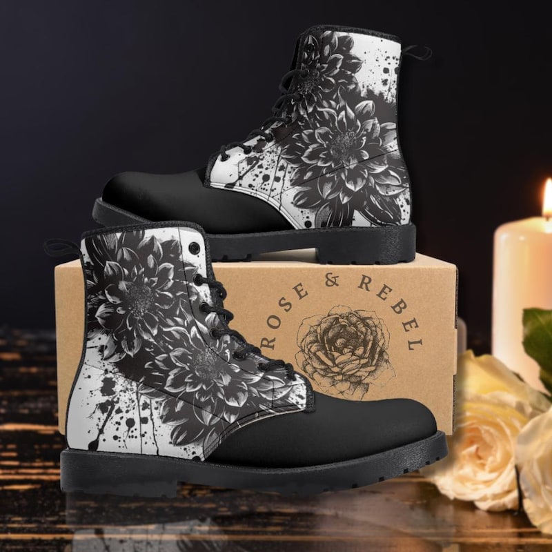 Steampunk Floral Pattern Print Men Women Leather Boots