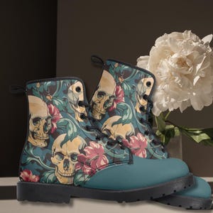 Gothic Floral Skull Trendy Leather Boots, Skull Garden Combat Boots, Dark Fairy Grunge Boots