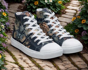 Boho Lunar Moth Floral High Top Canvas Chucks Shoes, Cottagecore Luna Moth Womens Tennis Shoes