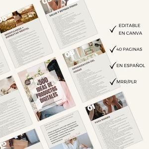 May include: A collection of digital product templates in Spanish, with headings like "Mindfulness + Mental Wellness" and "Health and Physical State." The templates are editable in Canva, with 40 pages, and include MRR/PLR rights.