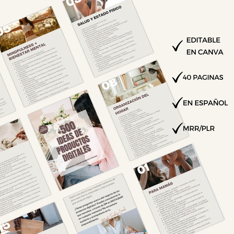 May include: A collection of digital product templates in Spanish, with headings like "Mindfulness + Mental Wellness" and "Health and Physical State." The templates are editable in Canva, with 40 pages, and include MRR/PLR rights.