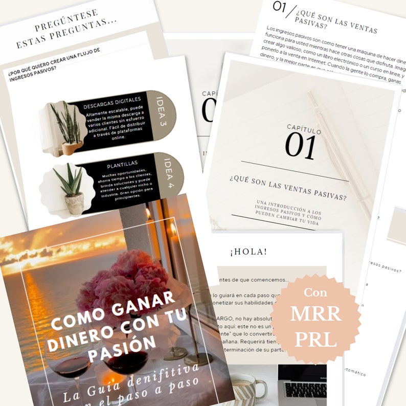 May include: A collection of digital guides and templates, with text in Spanish, promoting passive income strategies. The image features various layouts with text, including "C&oacute;mo Ganar Dinero Con Tu Pasi&oacute;n" and "&iquest;Qu&eacute; Son Las Ventas Pasivas?" The overall theme is business and self-improvement.