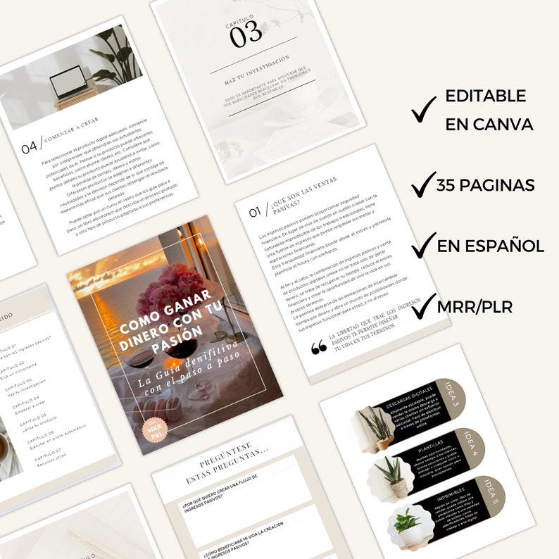 May include: A collection of digital marketing templates and guides, featuring the text "Como Ganar Dinero Con Tu Pasion" and "Editable in Canva." The pages include various layouts, graphics, and the text "35 Paginas" and "MRR/PLR."