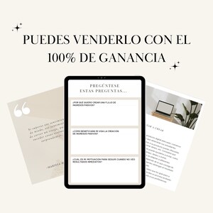 May include: A digital marketing graphic with the text "PUEDES VENDERLO CON EL 100% DE GANANCIA". The image includes a tablet displaying questions about passive income, and two sheets with text and a laptop graphic.