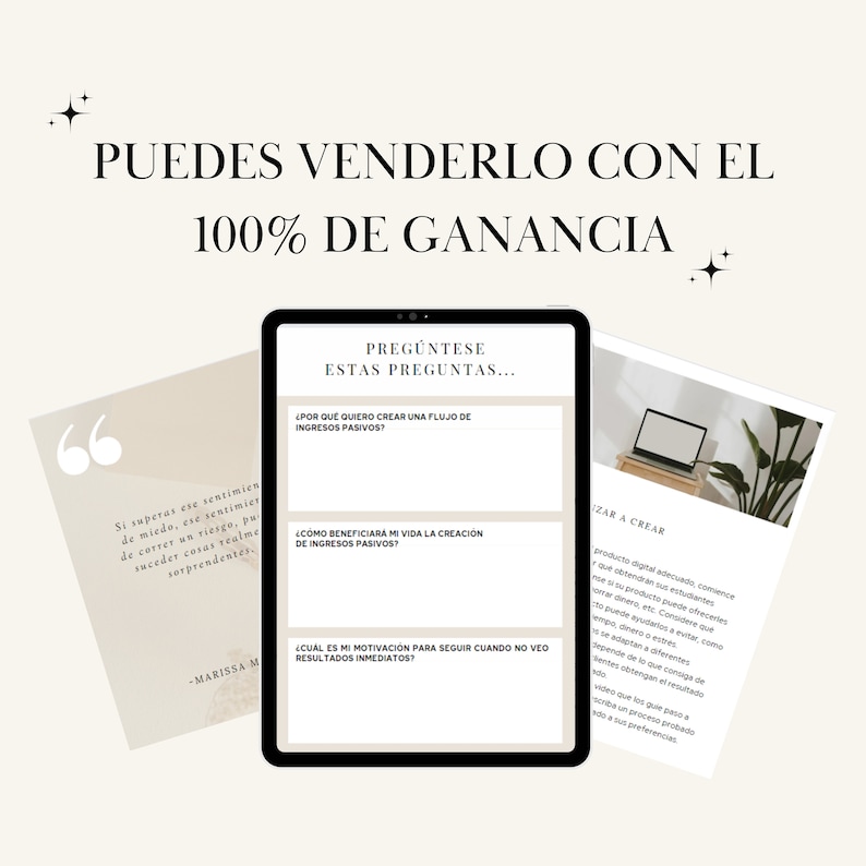 May include: A digital marketing graphic with the text "PUEDES VENDERLO CON EL 100% DE GANANCIA". The image includes a tablet displaying questions about passive income, and two sheets with text and a laptop graphic.