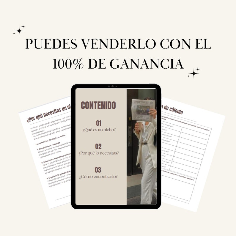 May include: A digital tablet displaying a guide with the title "CONTENIDO" and the text "&iquest;Qu&eacute; es un nicho?", "&iquest;Por qu&eacute; lo necesitas?", and "&iquest;C&oacute;mo encontrarlo?" The tablet is on a white surface with a white background.