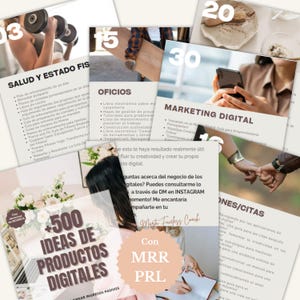 May include: A collage of images with text related to digital marketing, fitness, and digital products. The images include text such as "+500 Ideas de Productos Digitales" and "Marketing Digital". The collage has a neutral color palette.