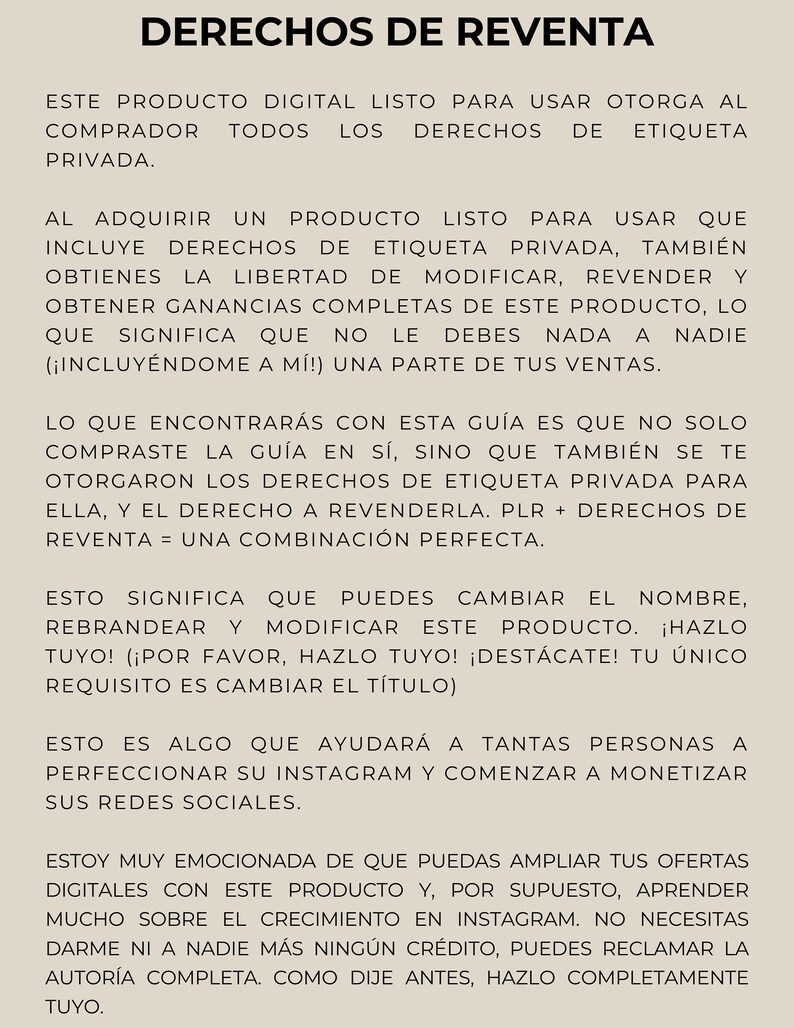May include: A Spanish language text document with the title "Derechos de Reventa" which translates to "Resale Rights". The text explains the rights granted to the buyer of a digital product, including the right to resell the product and keep all profits.