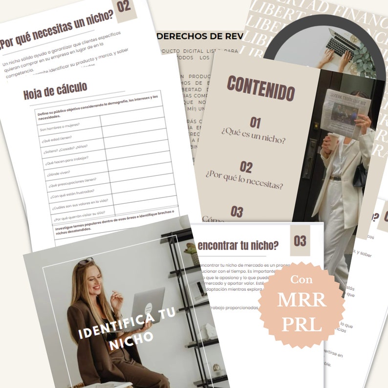 May include: A pink and white graphic with the text "Identifica tu nicho" (Identify your niche) and "Con MRR PRL" (With MRR PRL). The graphic also includes the text "Por qu&eacute; necesitas un nicho?" (Why do you need a niche?) and "&iquest;Qu&eacute; es un nicho?" (What is a niche?).
