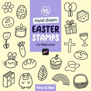 Könnte beinhalten: Eine Sammlung von 45 handgezeichneten Ostern-Stempeln für Procreate, mit schwarz-weißen Illustrationen zum Thema Ostern. Enthält Eier, Blumen, ein Kaninchen, ein Kreuz und einen Korb.