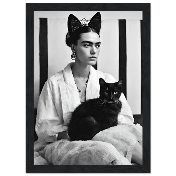 Gerahmter Kunstdruck, Holzrahmen, Frida Kahlo, Frida, Kahlo, Porträt, Wandkunst, Bild, Poster, Wand, Dekor, Poster, Druck, Kunstdruck, Katze