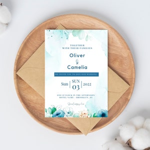 Aquarell Hochzeitseinladung Canva bearbeitbare Vorlage, Hochzeit in Grün und Staubblau, niedliche Hochzeitskarte, elegante Blumeneinladungen, druckbare Karte