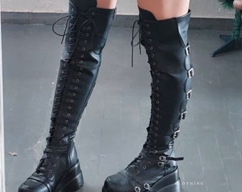 Gothic Thigh High Boots Women Platform Wedges Motorcycle Boot Over The Knee Army Stripper Heels Punk Lace-up Belt Buckle Long