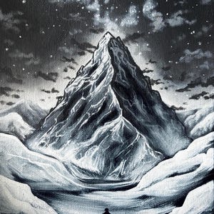 Könnte beinhalten: Schwarz-Weiß-Gemälde einer Berglandschaft mit einem Pinguin. Das Kunstwerk zeigt einen großen Berg unter einem Sternenhimmel, mit einem kleinen Pinguin im Vordergrund. Der Satz "BUT WHY?" befindet sich in der unteren linken Ecke.