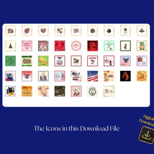 May include: A collection of square icons with various designs, including hearts, flowers, and holiday themes. The icons are arranged on a white background, with the text "The Icons in this Download File" at the bottom. A digital download icon is in the bottom right corner.