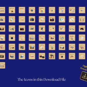 May include: A collection of illustrated icons on a dark blue background. Each icon is on a square, parchment-like background with a title. Titles include "Geography", "Beginners", and "Books". The words "Digital Download" and "The Icons in this Download File" are also present.