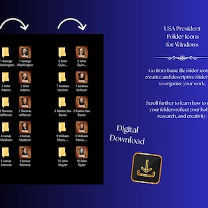 Può includere: Download digitale di icone di cartelle dei presidenti USA per Windows. L'immagine mostra icone di cartelle, ciascuna con un ritratto di un presidente degli Stati Uniti. Le icone sono disposte in una griglia, con il nome e il numero del presidente visualizzati sotto.