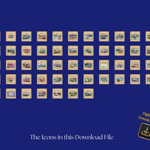 May include: A collection of vintage-style postcard illustrations of U.S. states, arranged on a dark blue background. Each postcard features a state name and a colorful image. The phrase "The Icons in this Download File" is at the bottom, with a "Digital Download" icon.