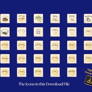 May include: A collection of square icons with various family and life event themes, such as marriage, birth, and adoption, against a dark blue background. Each icon features a unique illustration and text. The phrase "The Icons in this Download File" is also present.