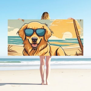 Golden retriever dog on a beach with sunglasses on as a cartoon beach towel, rescue dog pet lover golden retriever gift, fun pet pool towel.