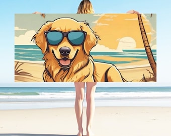 Golden retriever dog on a beach with sunglasses on as a cartoon beach towel, rescue dog pet lover golden retriever gift, fun pet pool towel.